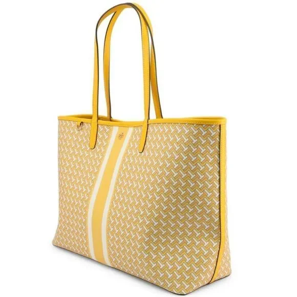 Tory Burch Bright Yellow Varsity Stripe T- Monogram Tote Bag